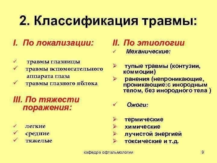 Диагностика глазных травм в военных условиях требует быстрой оценки для определения степени повреждения. Классификация травмы может включать поверхностное повреждение, внутриглазное кровоизлияние или повреждение зрительного нерва. Непосредственная диагностика часто включает проверку остроты зрения, осмотр с помощью щелевой лампы и фундоскопию для выявления внутренних повреждений. В сложных случаях для полной оценки травмы могут потребоваться такие современные методы визуализации, как КТ или МРТ.