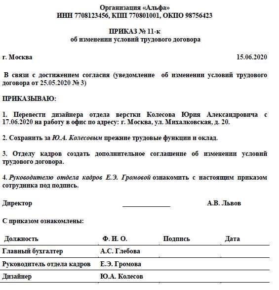 График перевода персонала и действия после получения приказа