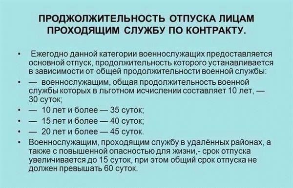 Время отпуска: ежегодный отпуск, или отпуск, предоставляется военнослужащим на основании суммарного времени службы. Продолжительность такого отпуска может быть разной, но он является необходимым элементом обеспечения баланса между работой и личной жизнью на протяжении всей службы военнослужащего.